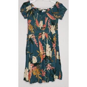 Patrons of Peace Dress Size Small Green Floral Print Smocked Top Cap Sleeve